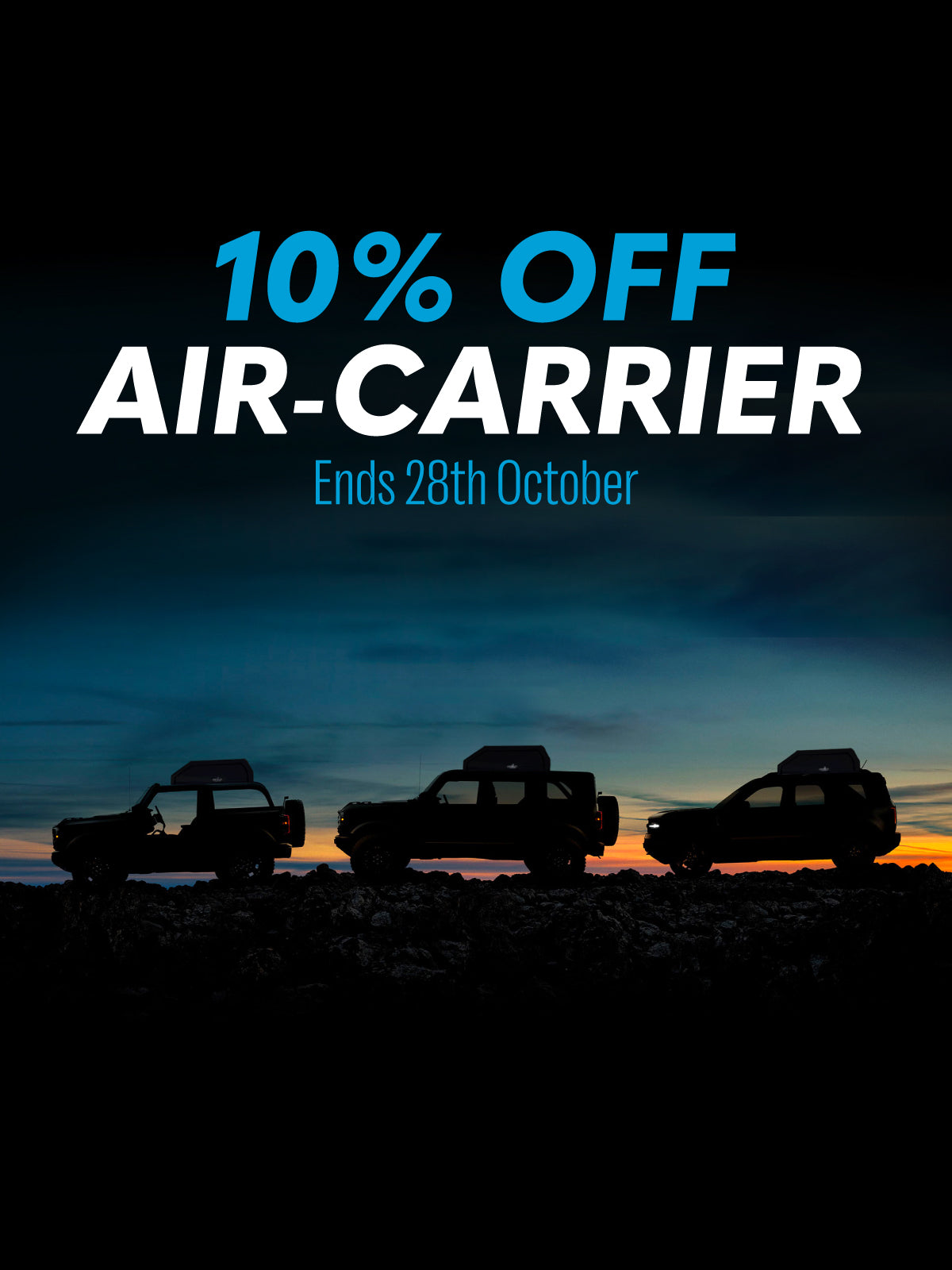 Promotional advertisement with three silhouetted vehicles on a sunset background and text offering a discount on air-carrier product.